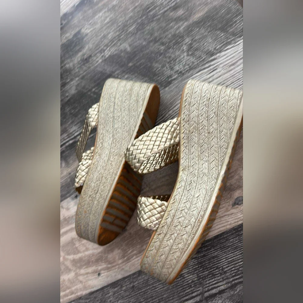 Gold Braided Platform Wedge Sandals Cottagecore Metallic Resortwear